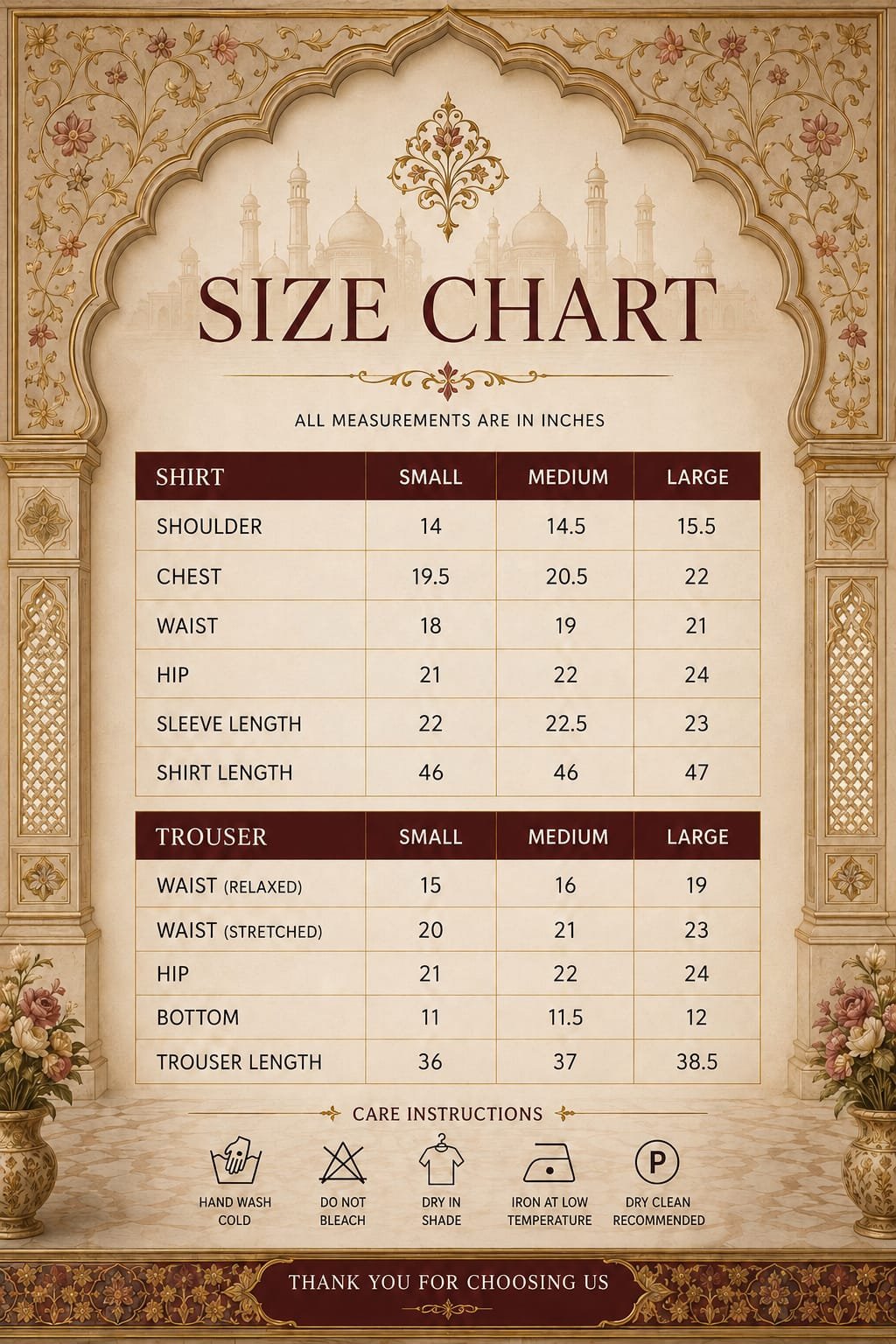 Bushra Raza shirt and trouser size chart